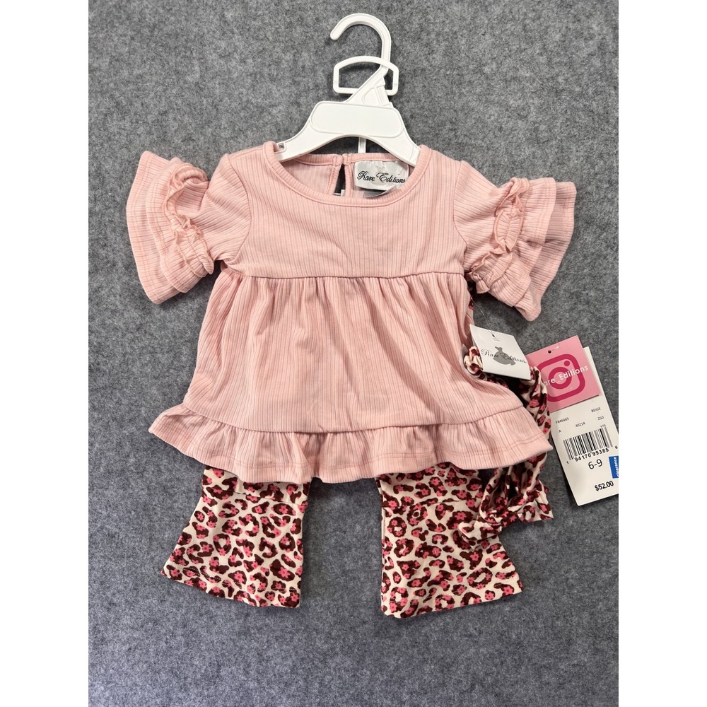Rare Editions Ribbed‎ Peplum Top and Leopard Flare Pants Set 6-9M Pink Ruffle